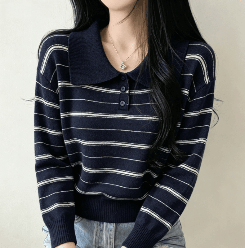 실사 한국 동대문 레트로 부드럽다 느슨함 센스 슬림해 보이는 스트라이프 polo 니트 스웨터 여성 상세 이미지 2