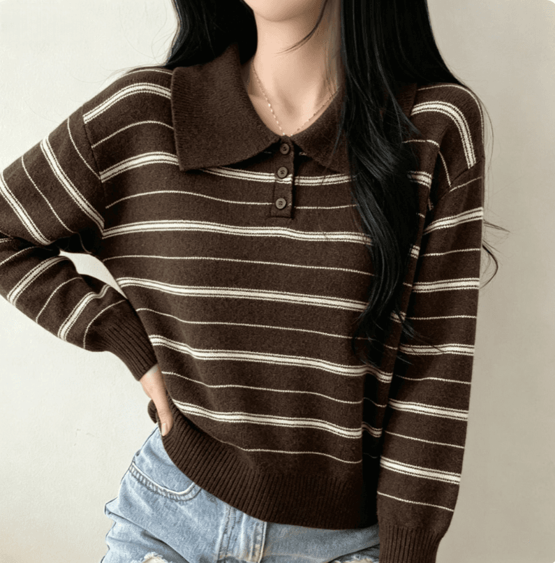 실사 한국 동대문 레트로 부드럽다 느슨함 센스 슬림해 보이는 스트라이프 polo 니트 스웨터 여성 상세 이미지 9