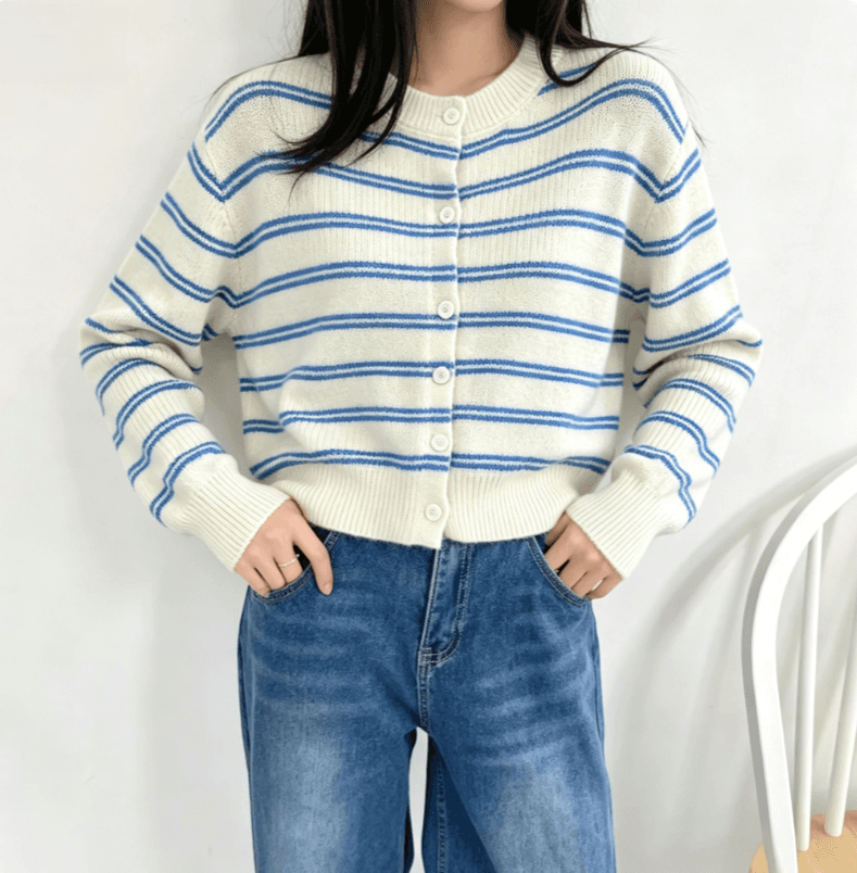 실사 한 부서 새로운 라운드 넥 레트로 스트라이프 부드러운 느긋한 니트 오픈 가디건 배색 맨위 스웨터 코트 상세 이미지 6