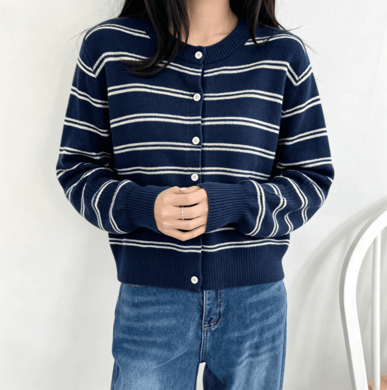 실사 한 부서 새로운 라운드 넥 레트로 스트라이프 부드러운 느긋한 니트 오픈 가디건 배색 맨위 스웨터 코트 상세 이미지 7