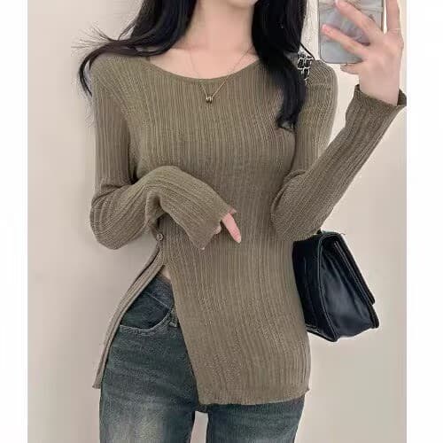 한국 chic 여름 마이크로 ~을 통해 얇은 스타일 태양 보호 셔츠 단추 허리 수축 슬림해 보이는 트임 디자인 긴팔 니트 스웨터 블라우스 상세 이미지 5