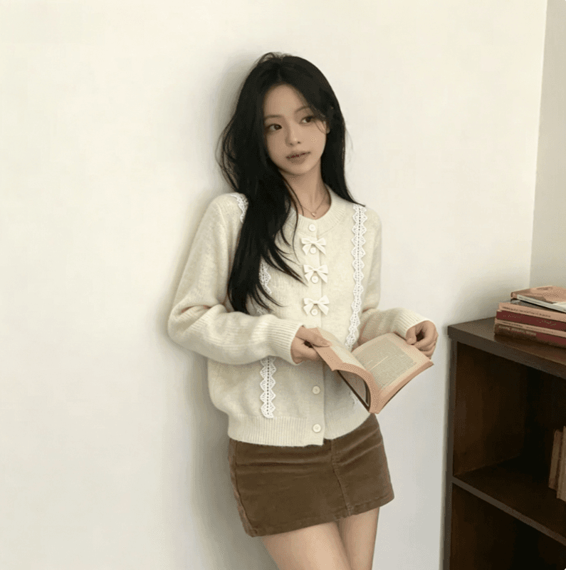 실사 한국 스타일 나비 매듭 자카드 니트 오픈 가디건 여성 부드러운 바람 디자인 센스 스웨터 코트 트렌디 상세 이미지 4