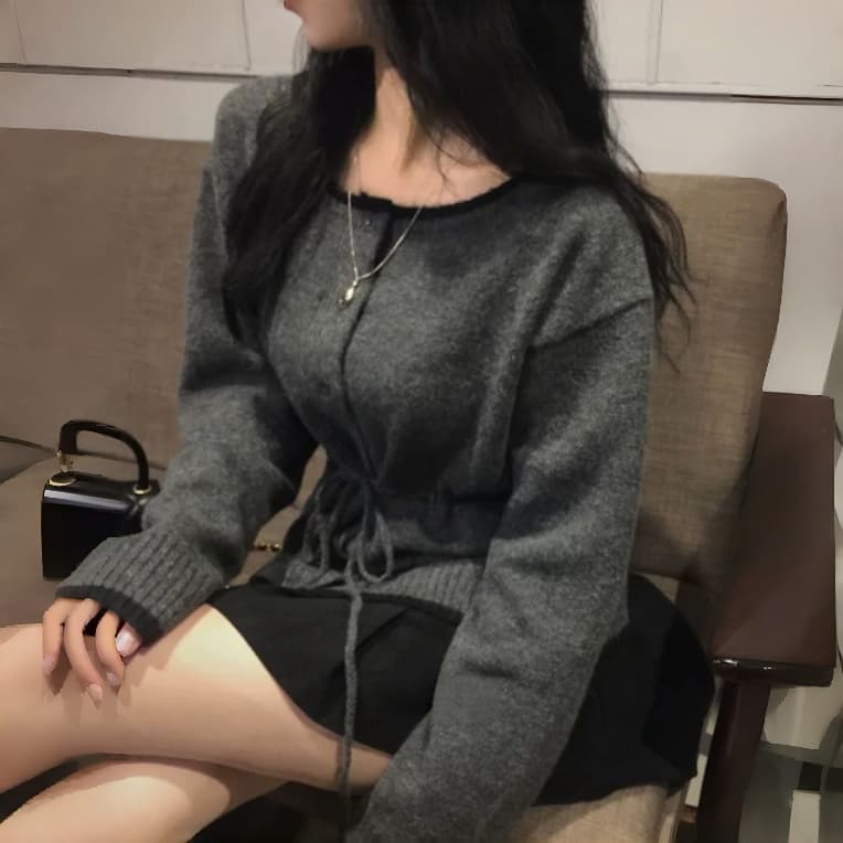 실사 한국 스타일 새로운 패션 패치워크 색상 펌프 로프 허리 수축 싱글 줄 버튼 니트 스웨터 여성 이미지 4