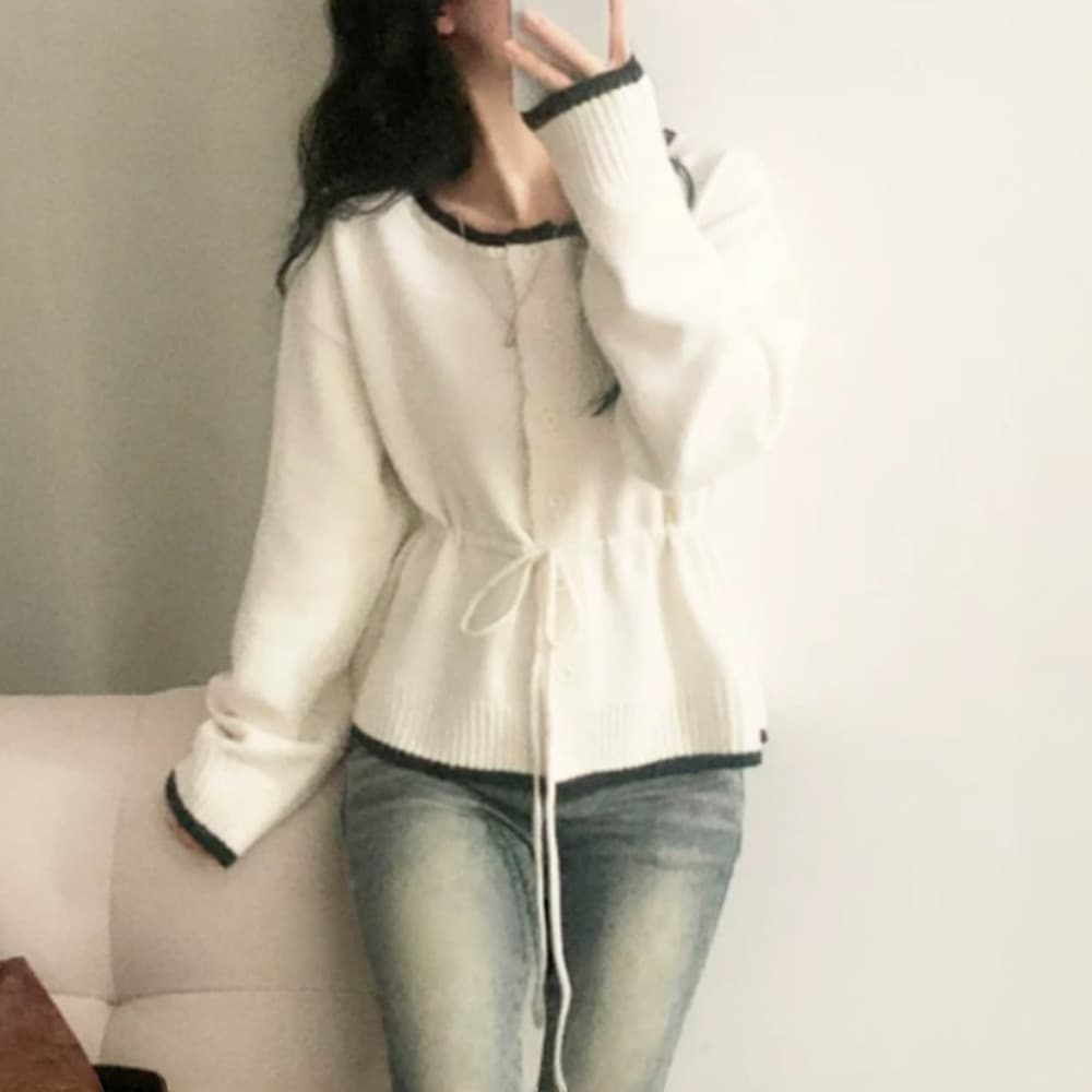 실사 한국 스타일 새로운 패션 패치워크 색상 펌프 로프 허리 수축 싱글 줄 버튼 니트 스웨터 여성 이미지 5