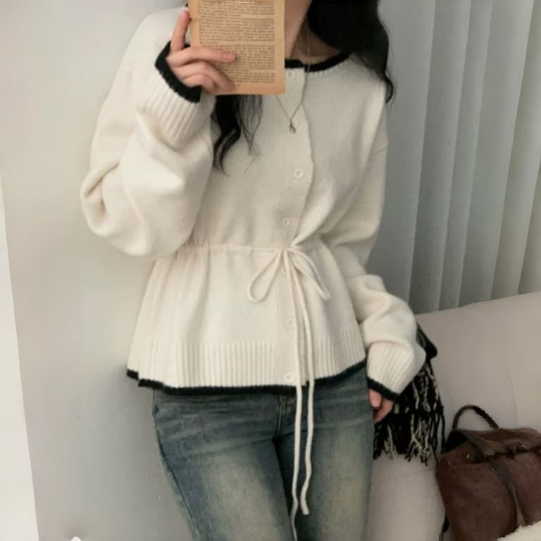 실사 한국 스타일 새로운 패션 패치워크 색상 펌프 로프 허리 수축 싱글 줄 버튼 니트 스웨터 여성 상세 이미지 2