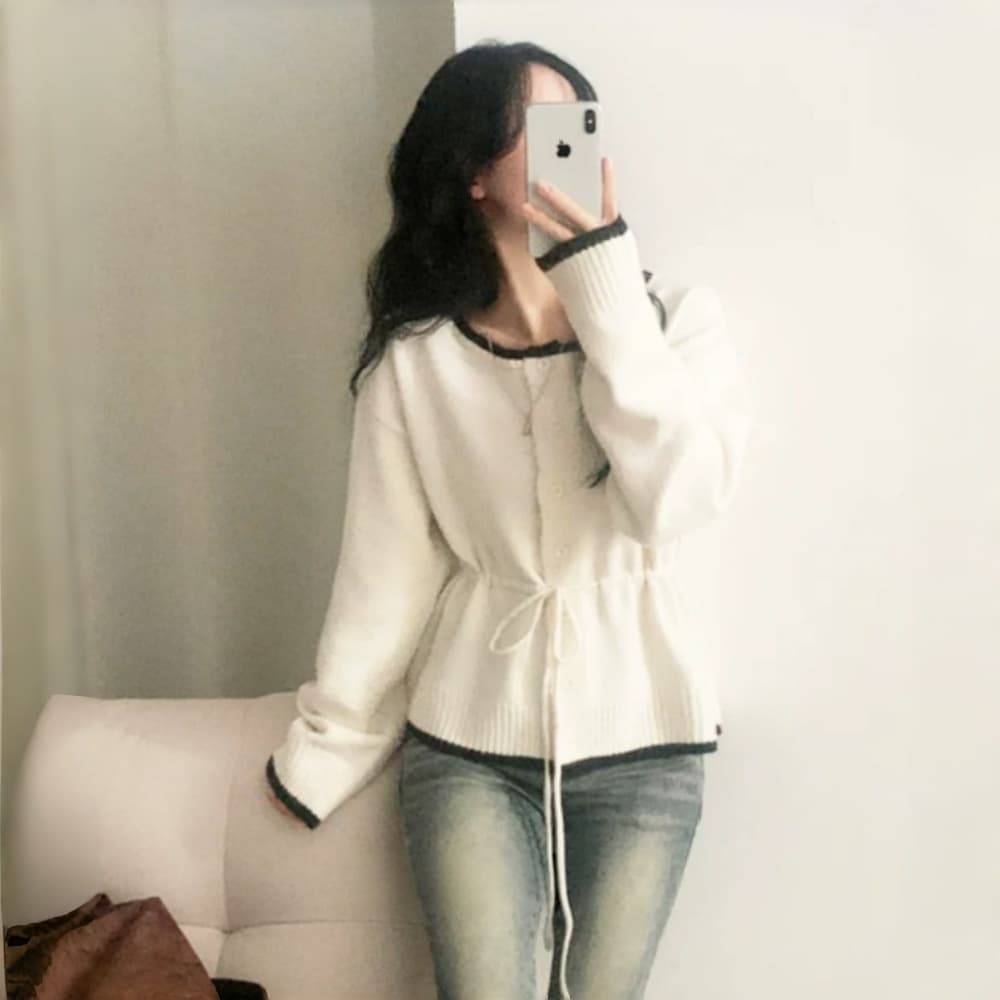 실사 한국 스타일 새로운 패션 패치워크 색상 펌프 로프 허리 수축 싱글 줄 버튼 니트 스웨터 여성 상세 이미지 5