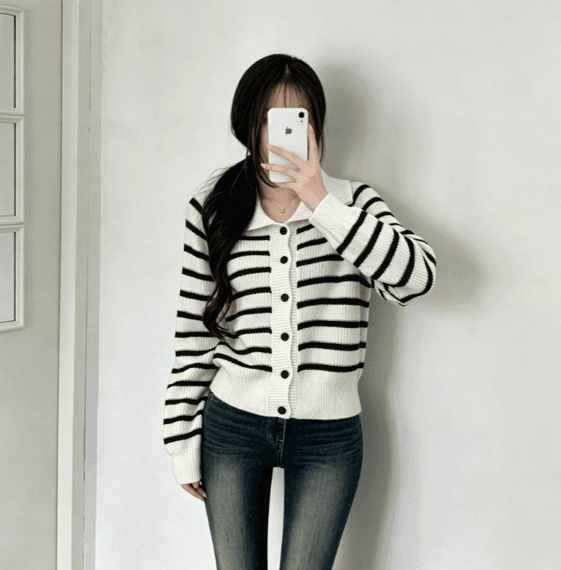 가을 겨울 한국 학원 스타일 레트로 Chic 스트라이프 니트 스웨터 두꺼운 다용도 캐주얼 스웨터 코트 상세 이미지 3