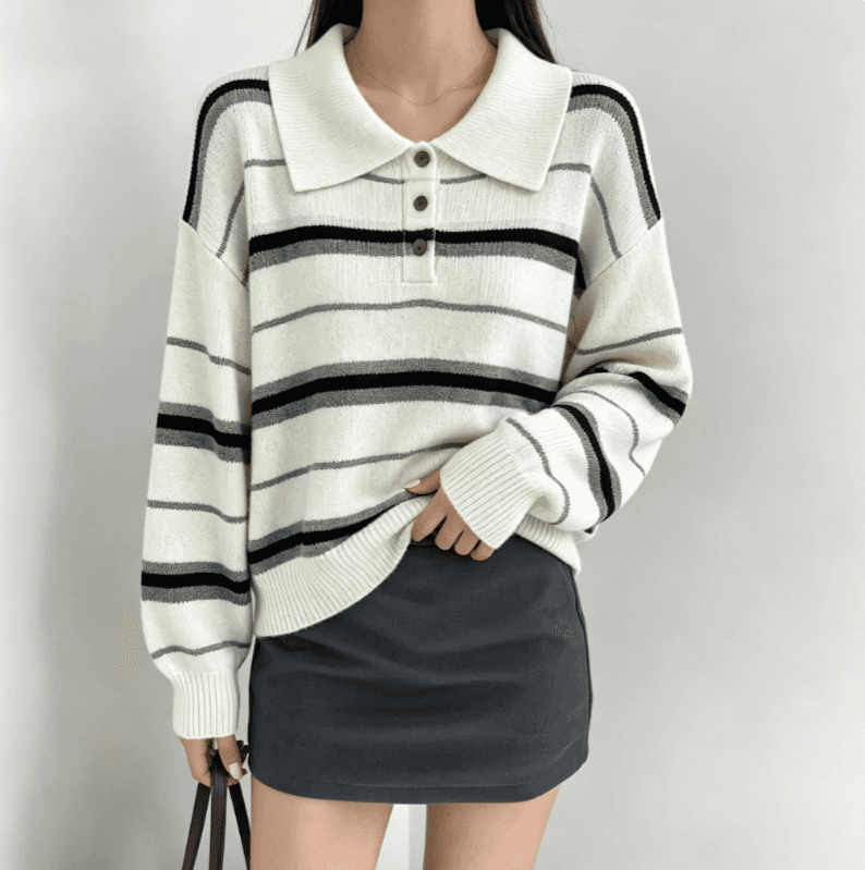 실사 한국 스타일 POLO 칼라 스트라이프 풀오버 스웨터 여자 가을 겨울 새로운 품격 다용도 슬림해 보이는 루즈핏 맨위 상세 이미지 4