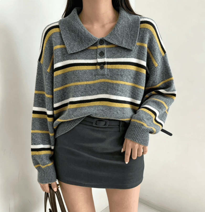 실사 한국 스타일 POLO 칼라 스트라이프 풀오버 스웨터 여자 가을 겨울 새로운 품격 다용도 슬림해 보이는 루즈핏 맨위 상세 이미지 7