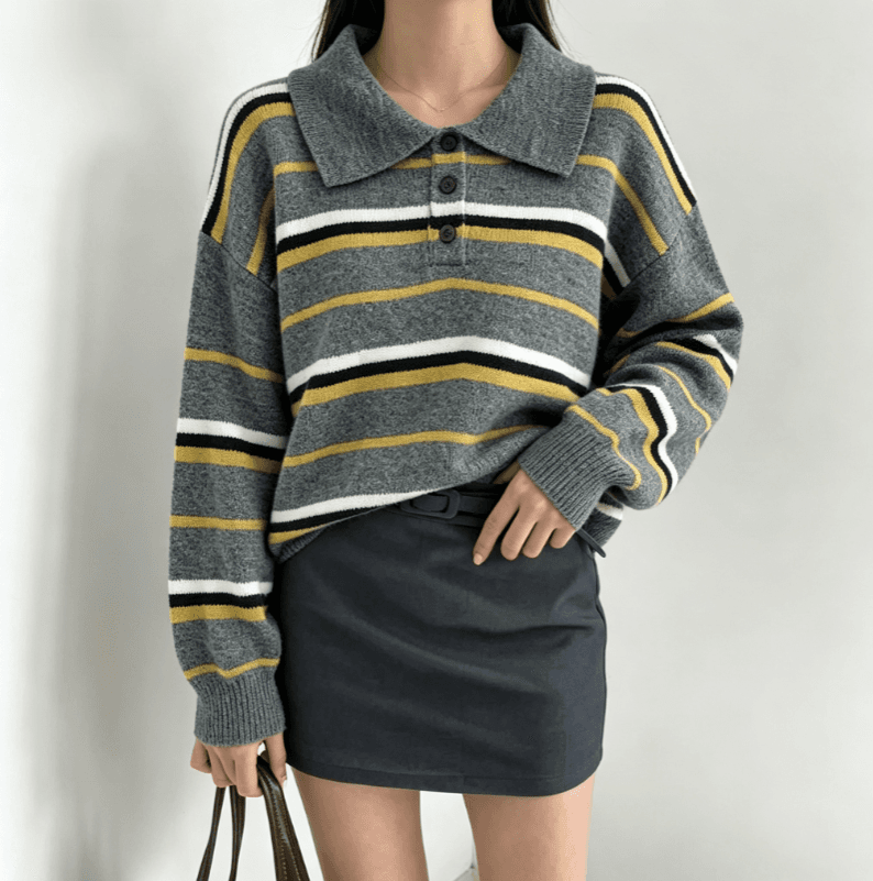 실사 한국 스타일 POLO 칼라 스트라이프 풀오버 스웨터 여자 가을 겨울 새로운 품격 다용도 슬림해 보이는 루즈핏 맨위 상세 이미지 8
