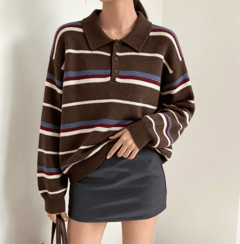 실사 한국 스타일 POLO 칼라 스트라이프 풀오버 스웨터 여자 가을 겨울 새로운 품격 다용도 슬림해 보이는 루즈핏 맨위 상세 이미지 10