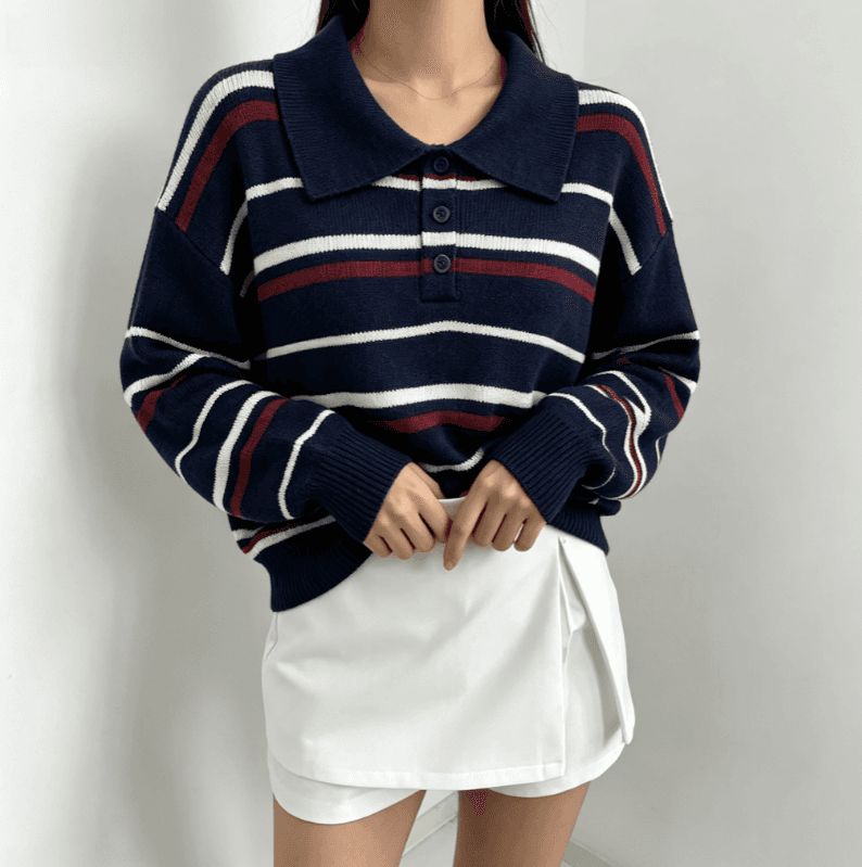 실사 한국 스타일 POLO 칼라 스트라이프 풀오버 스웨터 여자 가을 겨울 새로운 품격 다용도 슬림해 보이는 루즈핏 맨위 상세 이미지 13
