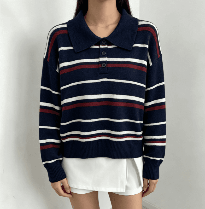 실사 한국 스타일 POLO 칼라 스트라이프 풀오버 스웨터 여자 가을 겨울 새로운 품격 다용도 슬림해 보이는 루즈핏 맨위 상세 이미지 14