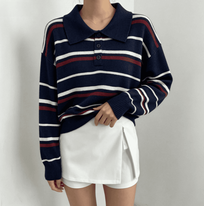 실사 한국 스타일 POLO 칼라 스트라이프 풀오버 스웨터 여자 가을 겨울 새로운 품격 다용도 슬림해 보이는 루즈핏 맨위 상세 이미지 15