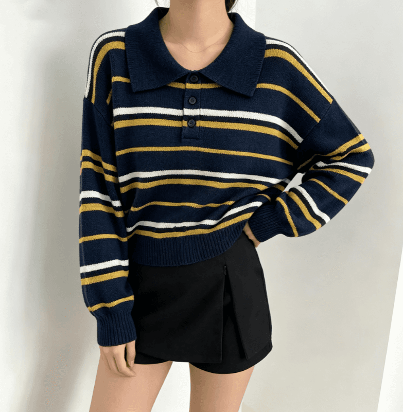실사 한국 스타일 POLO 칼라 스트라이프 풀오버 스웨터 여자 가을 겨울 새로운 품격 다용도 슬림해 보이는 루즈핏 맨위 상세 이미지 1