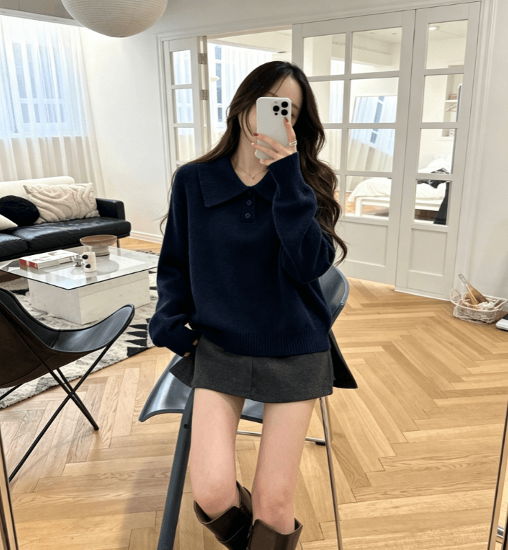 실사 한국 스타일 7 색상 학원 스타일 POLO 칼라 스웨터 여자 루즈핏 슬림해 보이는 다용도 긴팔 니트 스웨터 맨위 상세 이미지 9