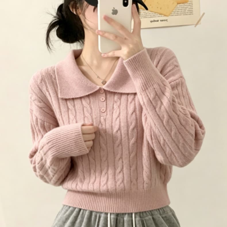 실사 한국 스타일 POLO 칼라 꽈배기 풀오버 긴팔 섹시함 니트 스웨터 스웨터 여자 이미지 3