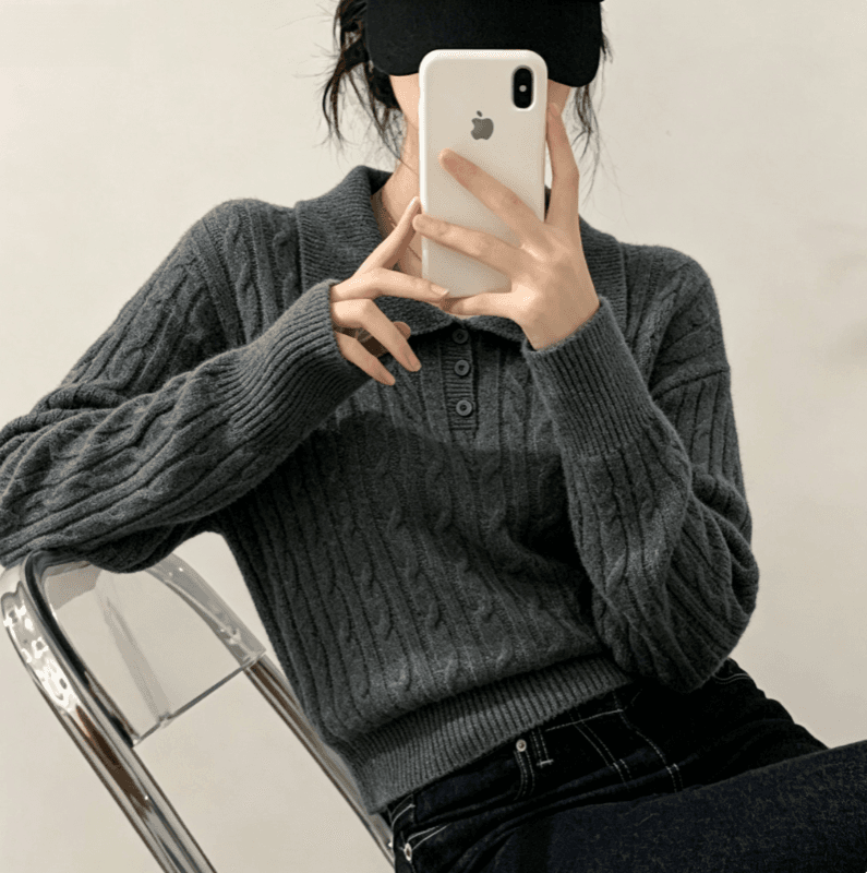 실사 한국 스타일 POLO 칼라 꽈배기 풀오버 긴팔 섹시함 니트 스웨터 스웨터 여자 상세 이미지 2