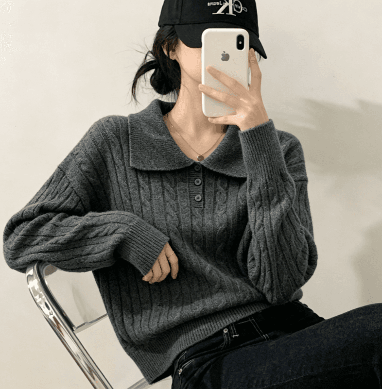 실사 한국 스타일 POLO 칼라 꽈배기 풀오버 긴팔 섹시함 니트 스웨터 스웨터 여자 상세 이미지 3