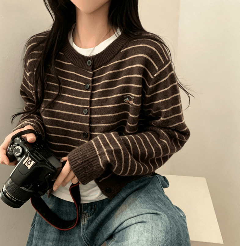 실사 한 부서 디자인 센스 부드러운 찹쌀 스트라이프 강아지 자수 긴팔 니트 오픈 가디건 여성 루즈핏 맨위 ins 상세 이미지 2