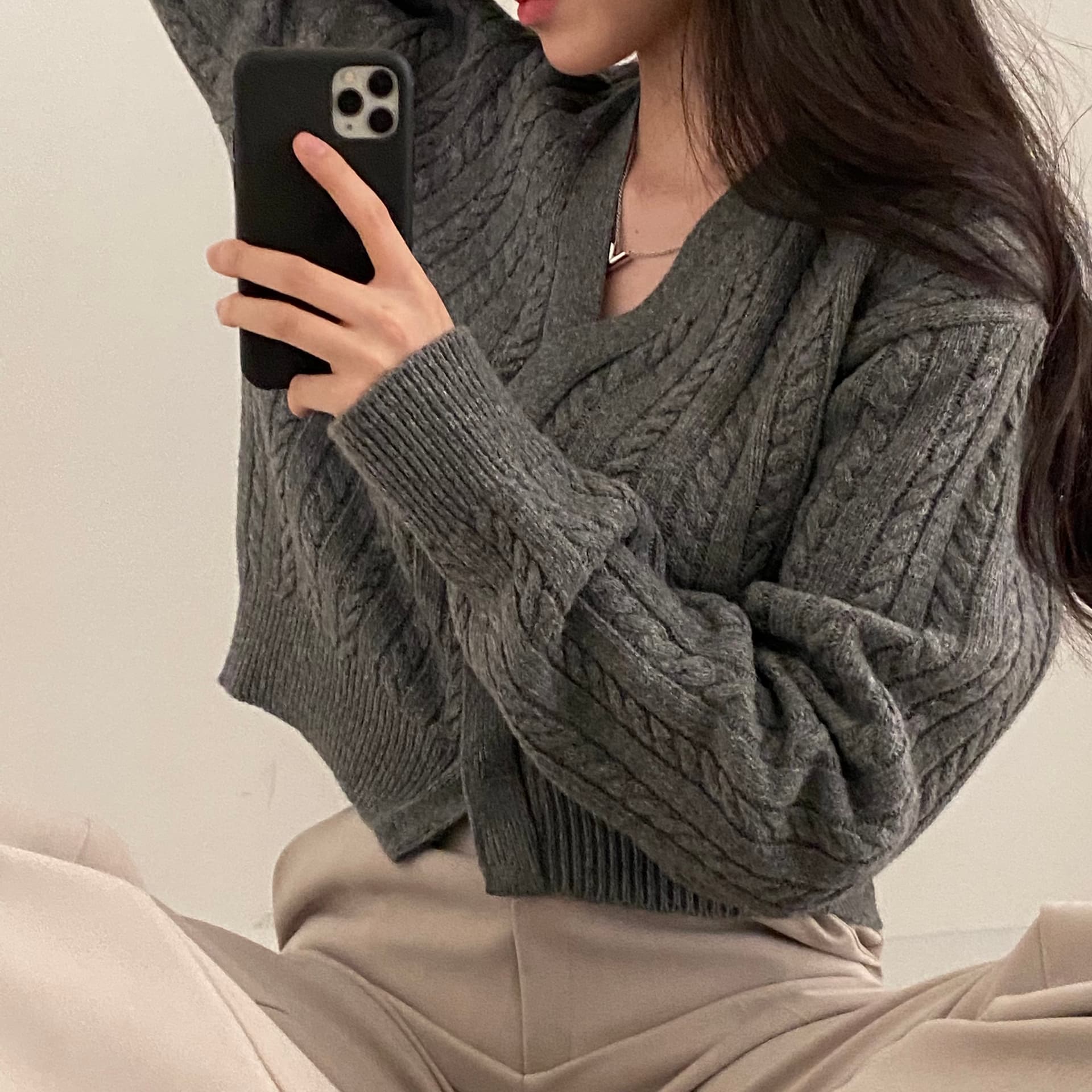 한국 chic 가을 겨울 레트로 마 무늬 품격 뒤집다 지불 스웨터 여자 니트 스웨터 트렌디 상세 이미지 12