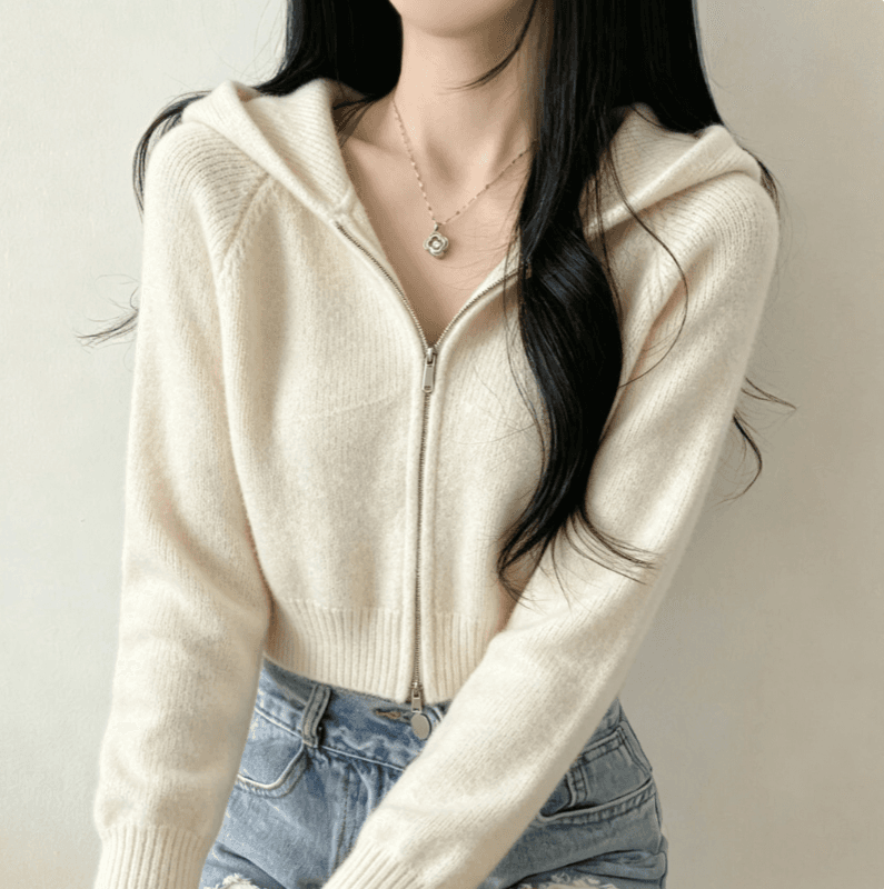 실사 한 부서 분위기 센스 가을 겨울 스웨터 외출용 여성 아름다운 지퍼 재킷 맨위 후드 니트 오픈 가디건 이미지 2