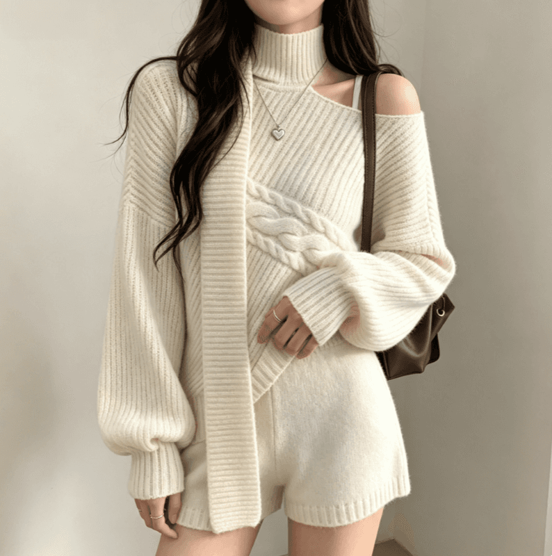 실사 한 부서 chic 미니멀리즘 목도리 스웨터 품격 배트윙 소매 맨위 반바지 세트 상세 이미지 2