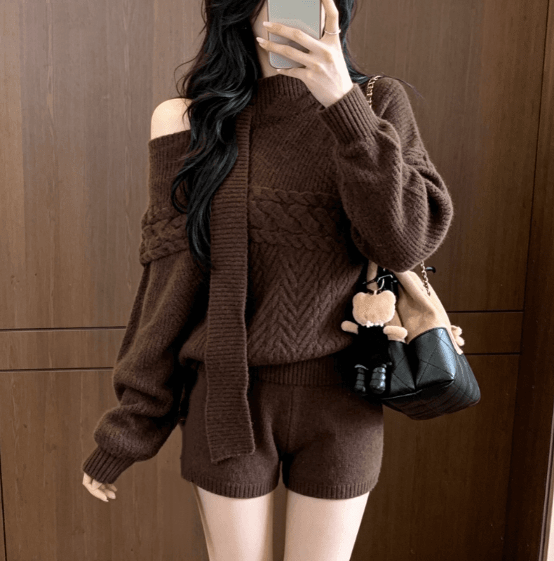 실사 한 부서 chic 미니멀리즘 목도리 스웨터 품격 배트윙 소매 맨위 반바지 세트 상세 이미지 4