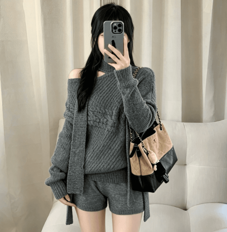 실사 한 부서 chic 미니멀리즘 목도리 스웨터 품격 배트윙 소매 맨위 반바지 세트 상세 이미지 8