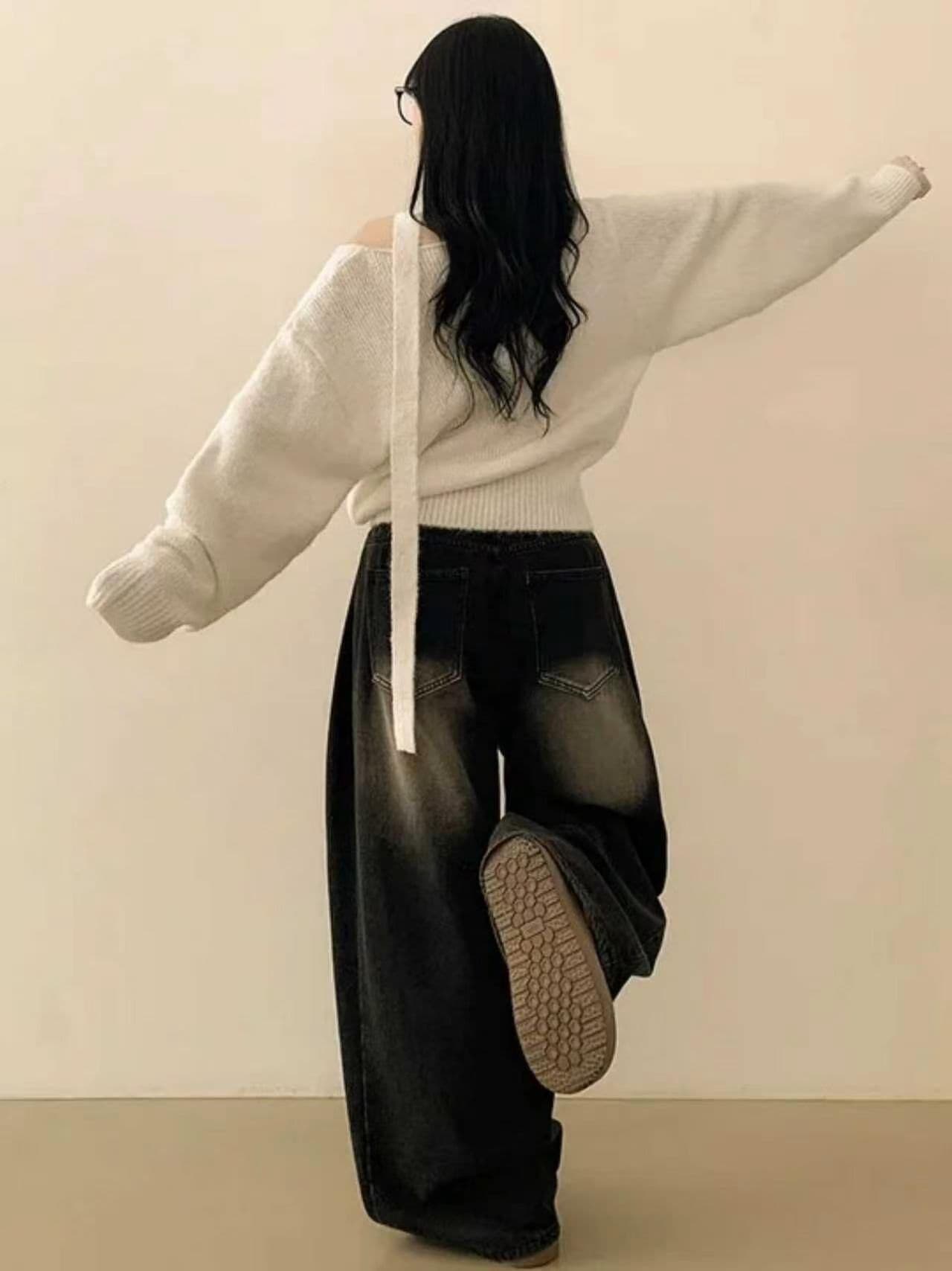 한국 겨울 부드러운 품격 보트넥 오프숄더 디자인 루즈핏 다용도 긴팔 니트 스웨터 경기 목도리 상세 이미지 6