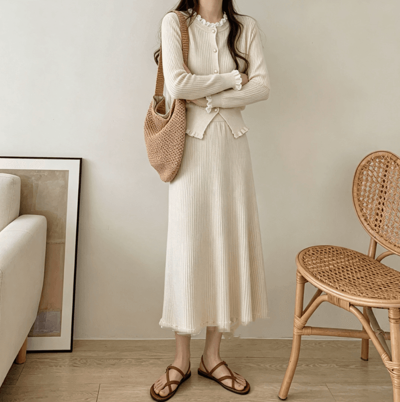 한국 chic 가을 겨울철 새로운 니트 오픈 가디건 스웨터 반신 스커트 투피스 슈트 여성 상세 이미지 6