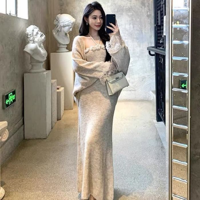 가을 새로운 3 차원 꽃 몸매 가꾸기 행침 목 니트 드레스 오픈 가디건 세트 프랑스식 고급 롱 스커트