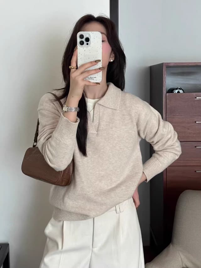 한 부서 V넥 스웨터 외출용 여성 가을 겨울 새로운 루즈핏 느긋한 바람 니트 POLO 셔츠 출퇴근 풀오버 맨위 이미지 3