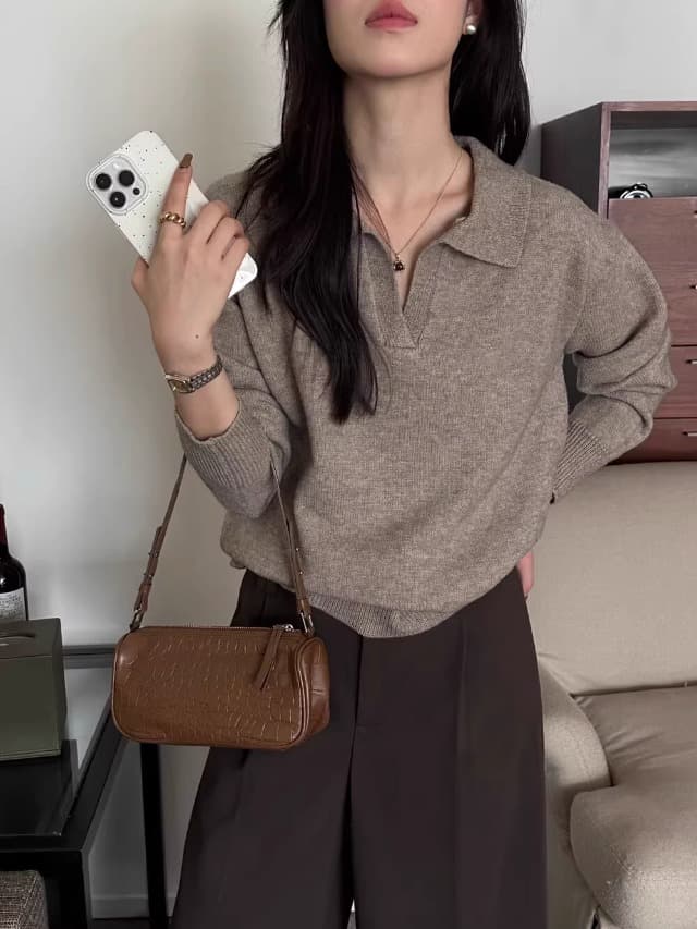 한 부서 V넥 스웨터 외출용 여성 가을 겨울 새로운 루즈핏 느긋한 바람 니트 POLO 셔츠 출퇴근 풀오버 맨위 상세 이미지 6