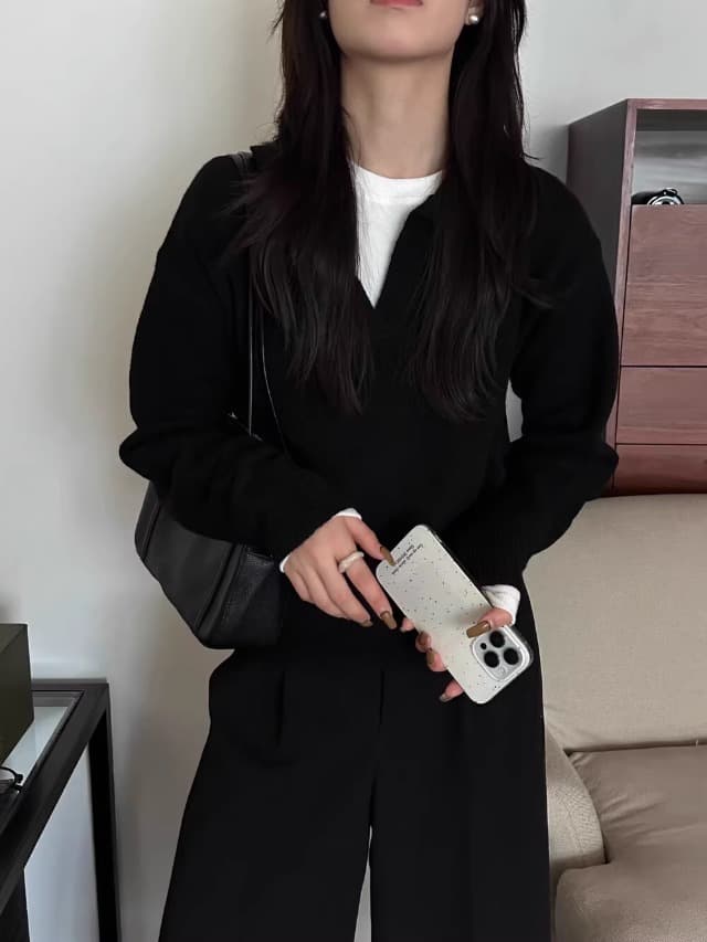 한 부서 V넥 스웨터 외출용 여성 가을 겨울 새로운 루즈핏 느긋한 바람 니트 POLO 셔츠 출퇴근 풀오버 맨위 상세 이미지 8