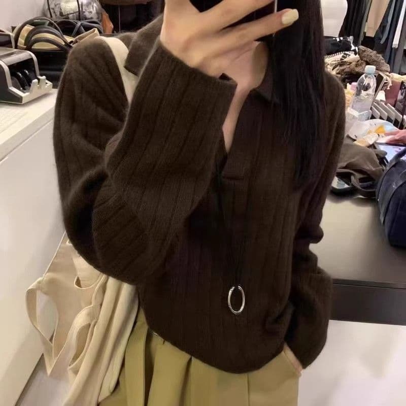 프랑스식 POLO 칼라 스웨터 가을 겨울 새로운 루즈핏 스웨터 레트로 폴로 칼라 니트 긴 소매 맨위 만나는 니트 스웨터 이미지 2