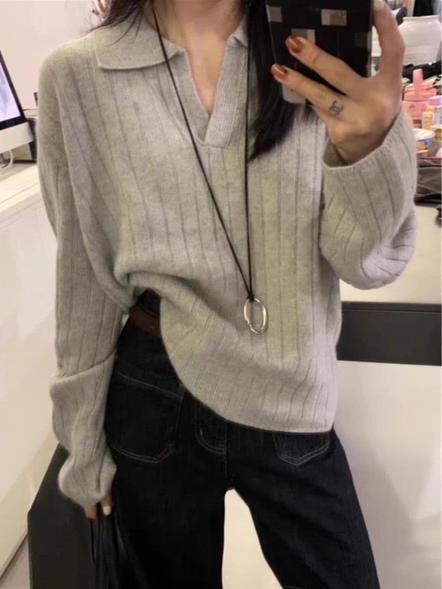 프랑스식 POLO 칼라 스웨터 가을 겨울 새로운 루즈핏 스웨터 레트로 폴로 칼라 니트 긴 소매 맨위 만나는 니트 스웨터 상세 이미지 5