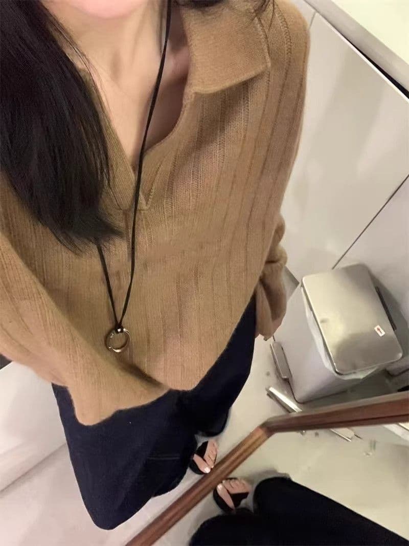 프랑스식 POLO 칼라 스웨터 가을 겨울 새로운 루즈핏 스웨터 레트로 폴로 칼라 니트 긴 소매 맨위 만나는 니트 스웨터 상세 이미지 25