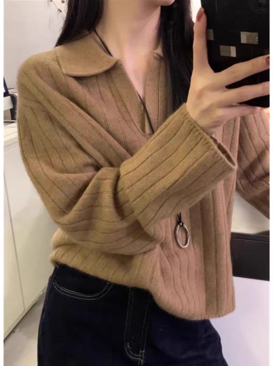 프랑스식 POLO 칼라 스웨터 가을 겨울 새로운 루즈핏 스웨터 레트로 폴로 칼라 니트 긴 소매 맨위 만나는 니트 스웨터 상세 이미지 27