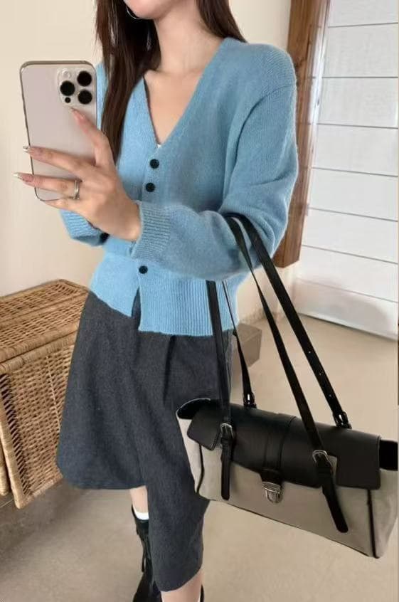 한국 chic 캐주얼 다용도 니트 스웨터 여성 새로운 V넥 오픈 가디건 몸매 가꾸기 슬림해 보이는 긴팔 맨위 상세 이미지 1