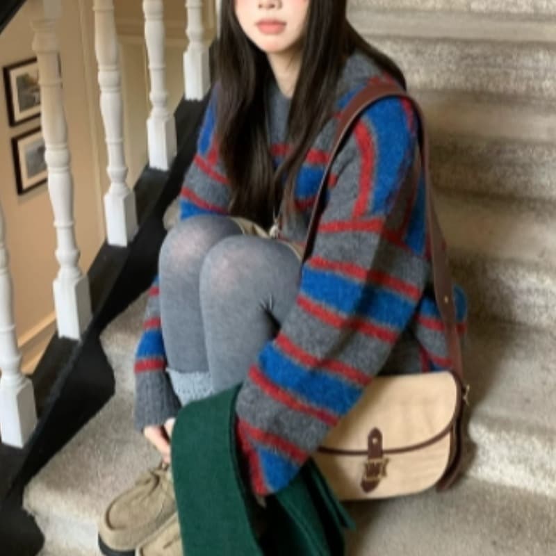한국 chic 두꺼운 배색 스트라이프 스웨터 느긋한 느슨함 부드러운 찹쌀 풀오버 니트 스웨터 여성 이미지 4