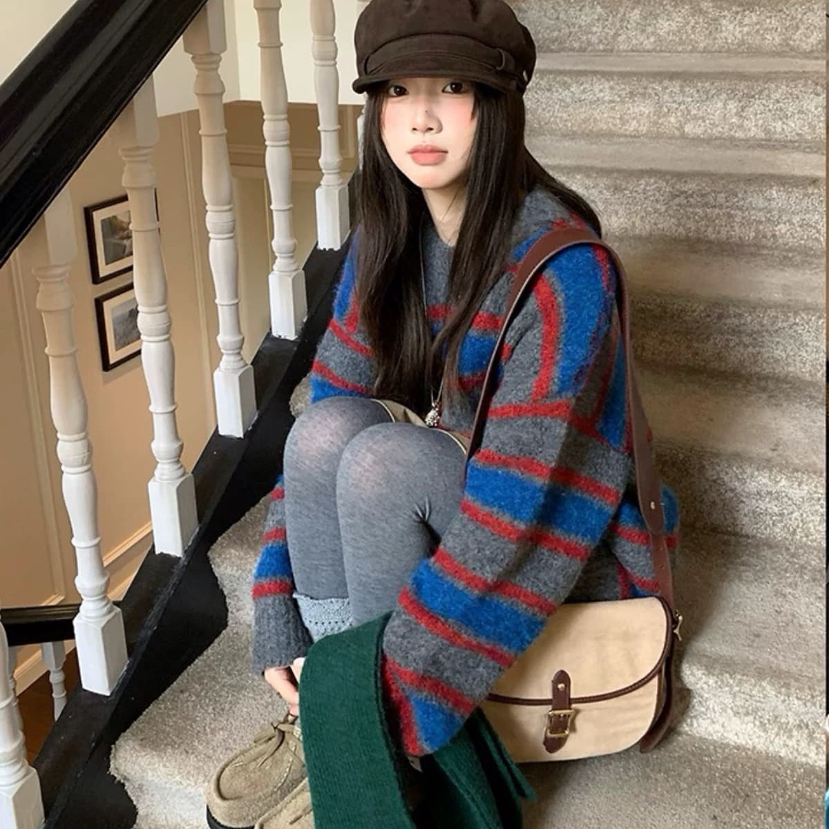 한국 chic 두꺼운 배색 스트라이프 스웨터 느긋한 느슨함 부드러운 찹쌀 풀오버 니트 스웨터 여성 상세 이미지 4
