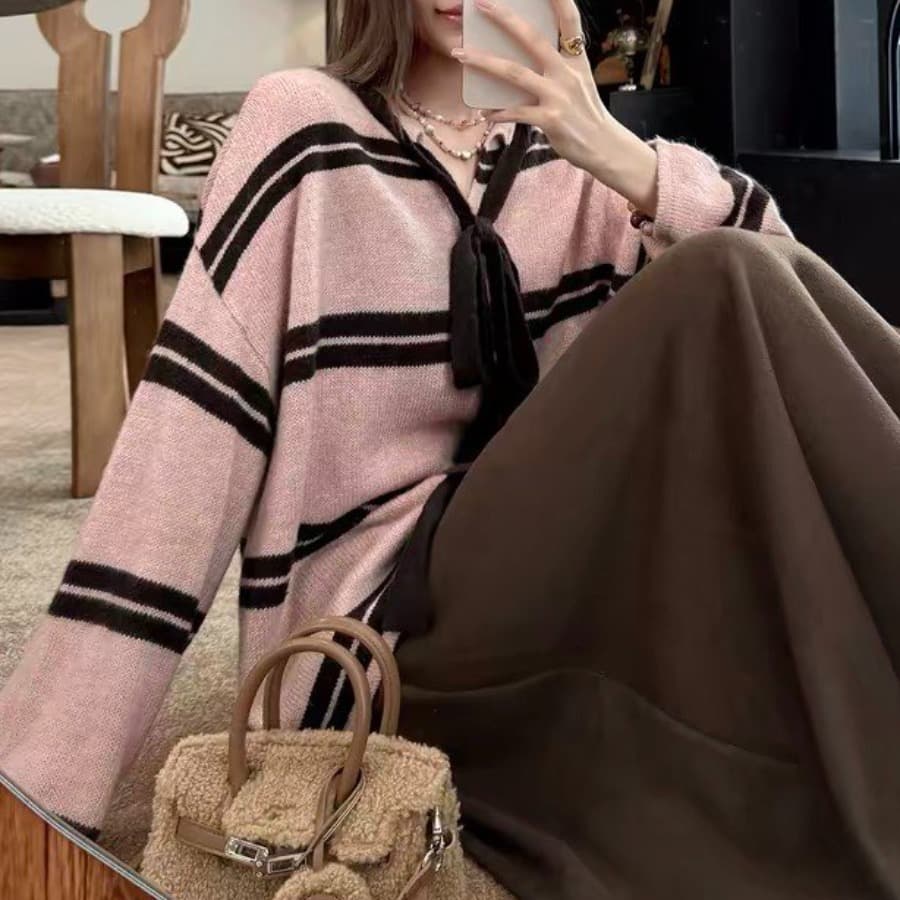 한국 스타일 chic 핑크색 모헤어 양모 스트라이프 스웨터 2026 겨울 새로운 이미지 2