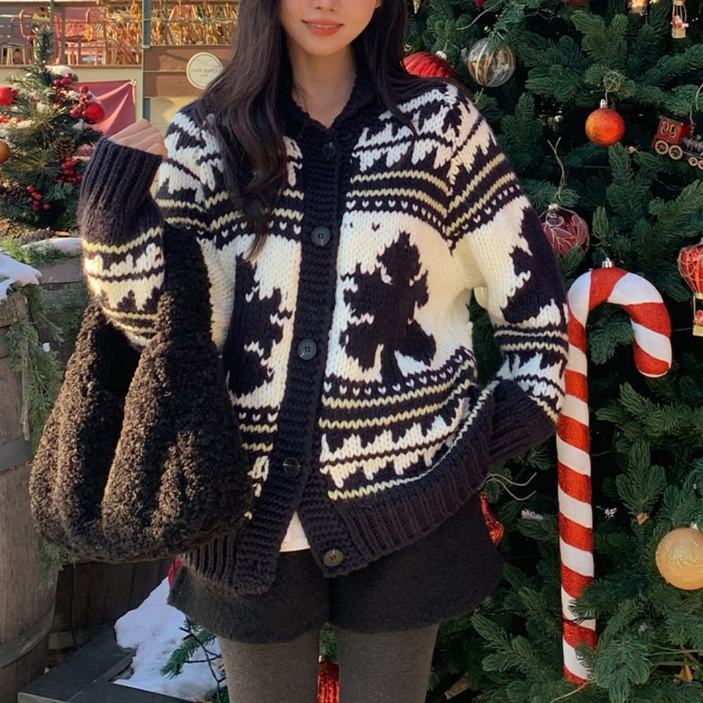 한국 보 주님 북유럽 바람 공정한 섬 스웨터 오픈 가디건 레트로 자카드 두꺼운 두꺼운 바늘 루즈핏 보온 여성 코트