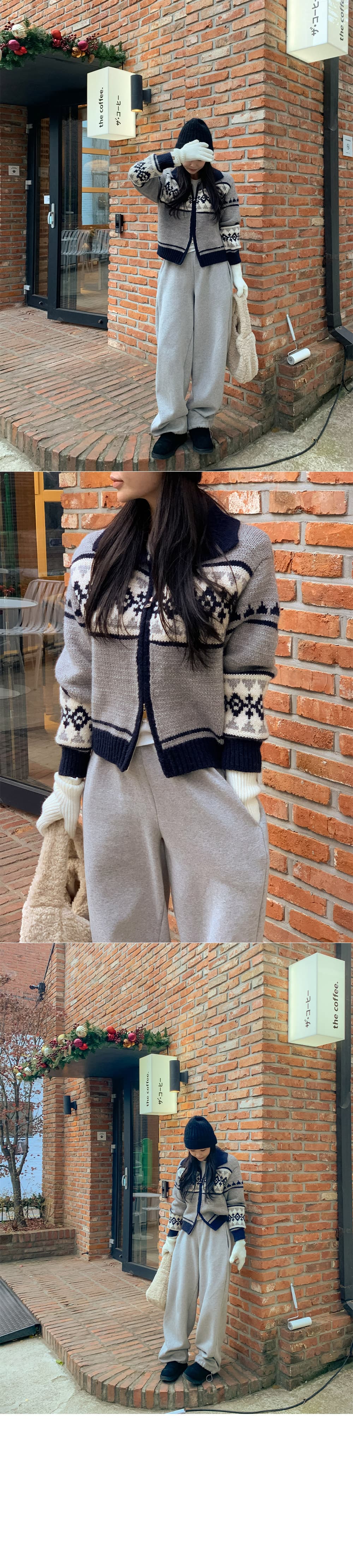 한 부서 공정한 섬 자카드 지퍼 스웨터 오픈 가디건 여성 가을 겨울 레트로 폴로 칼라 두꺼운 제직 니트 재킷 느긋한 맨위 상세 이미지 7