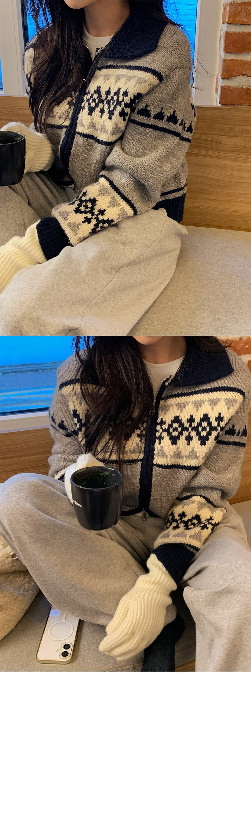 한 부서 공정한 섬 자카드 지퍼 스웨터 오픈 가디건 여성 가을 겨울 레트로 폴로 칼라 두꺼운 제직 니트 재킷 느긋한 맨위 상세 이미지 8