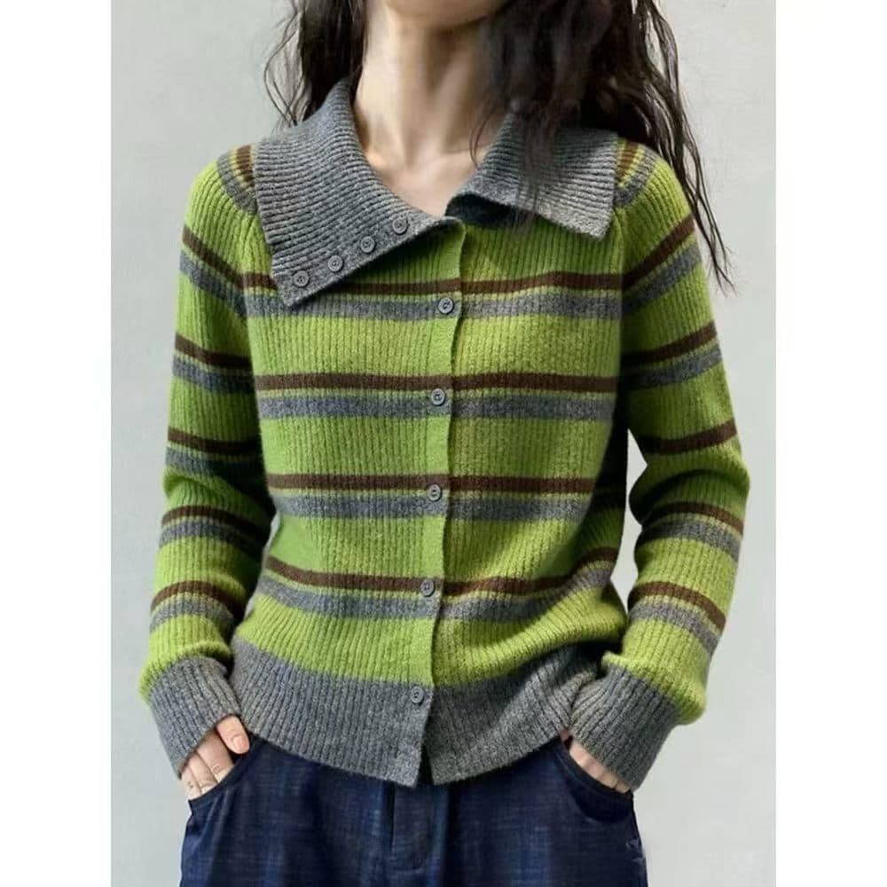 한 부서 패치워크 색상 스트라이프 폴로 칼라 니트 스웨터 부드럽다 세련된 긴팔 스웨터 2026 겨울 몸매 가꾸기 인기 맨위 여성 상세 이미지 2