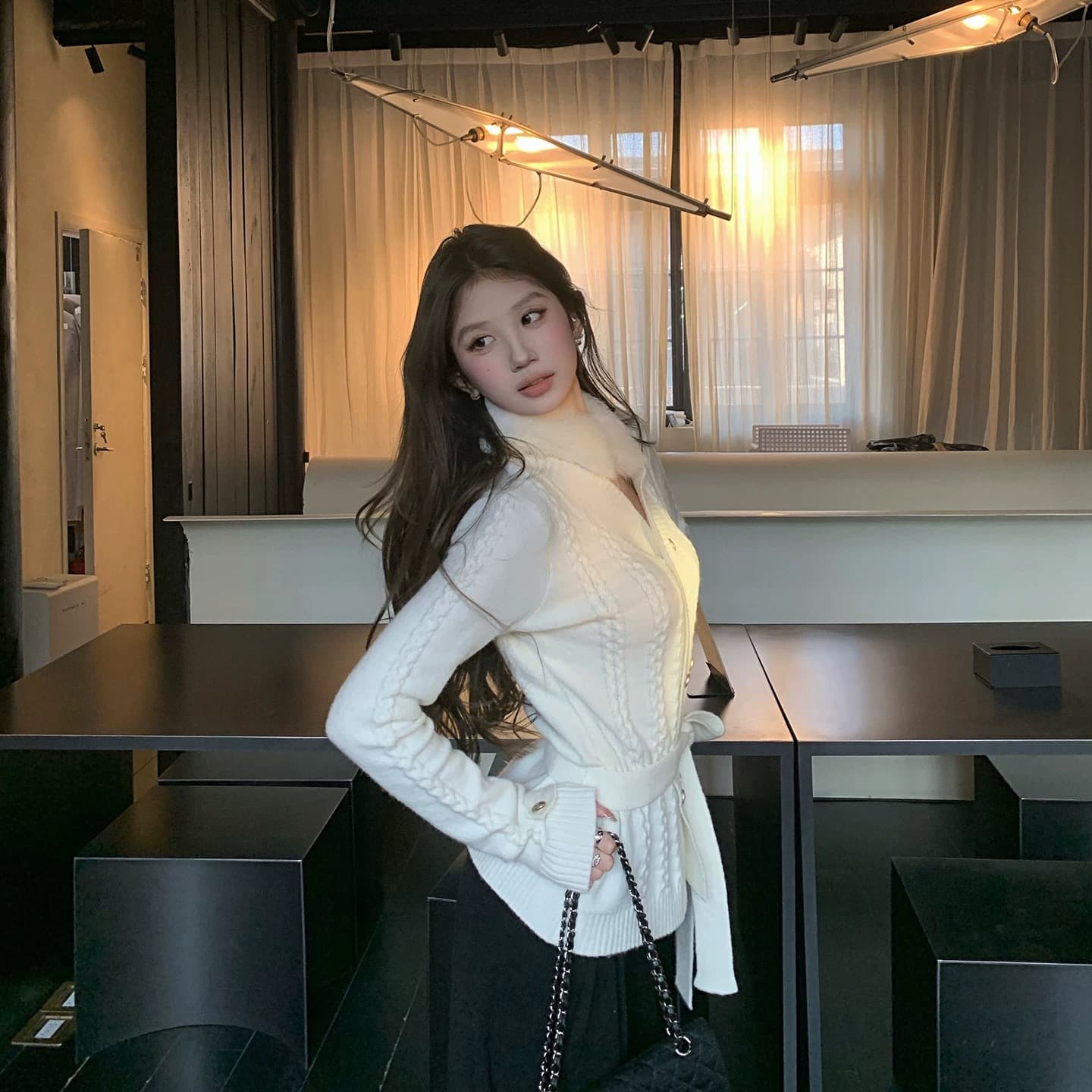 천 골드 사실 토끼털 모피 칼라 니트 오픈 가디건 여성 품격 꽈배기 스웨터 코트 맨위 이미지 5