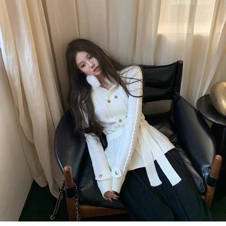 천 골드 사실 토끼털 모피 칼라 니트 오픈 가디건 여성 품격 꽈배기 스웨터 코트 맨위 이미지 3