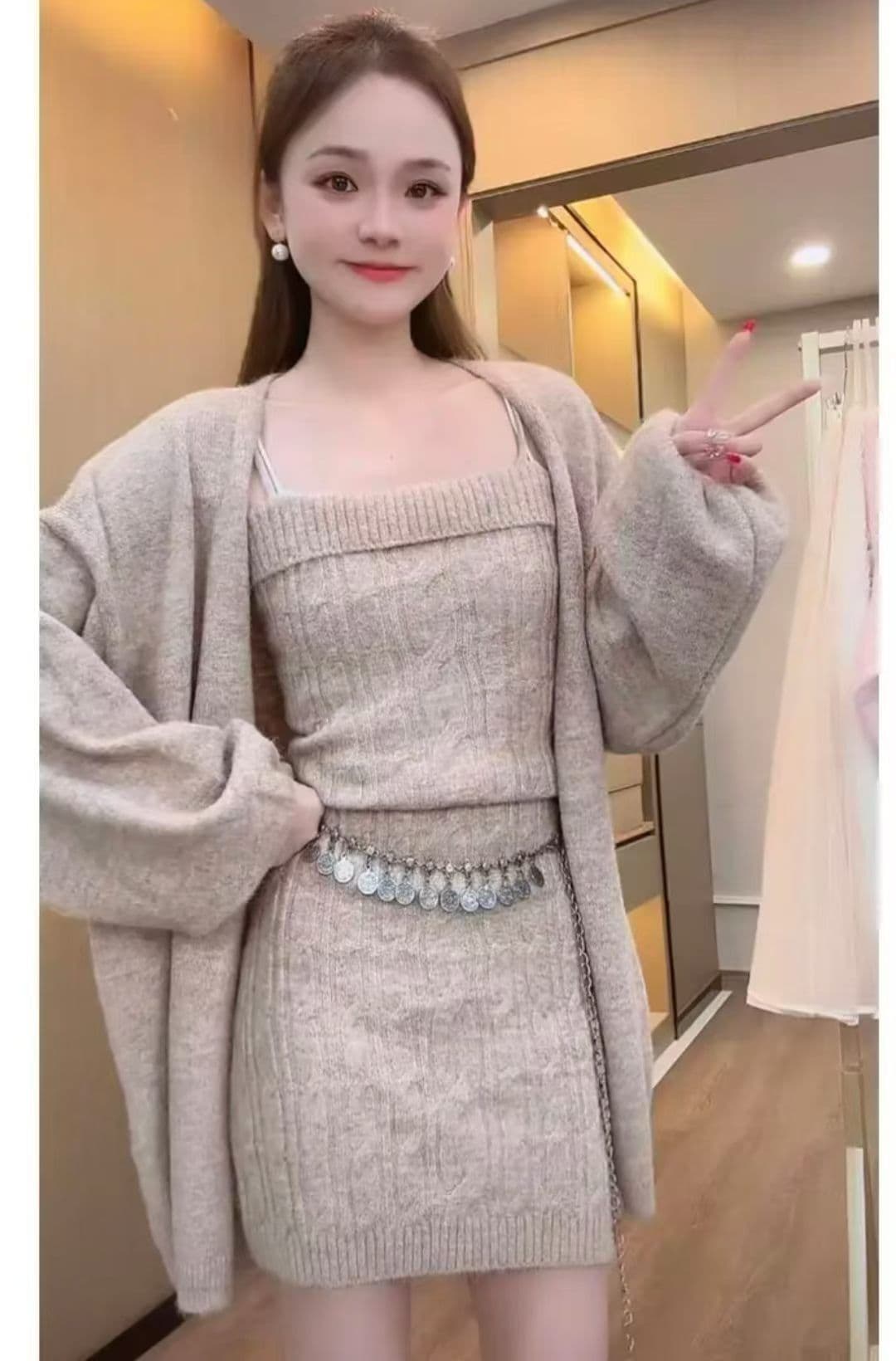 한 부서 부드러운 바람 니트 꽈배기 슬립 미니 스커트 오픈 가디건 투피스 슈트 여성 이른 가을 게으른 착용 가져 가라. 스웨터 코트 상세 이미지 5